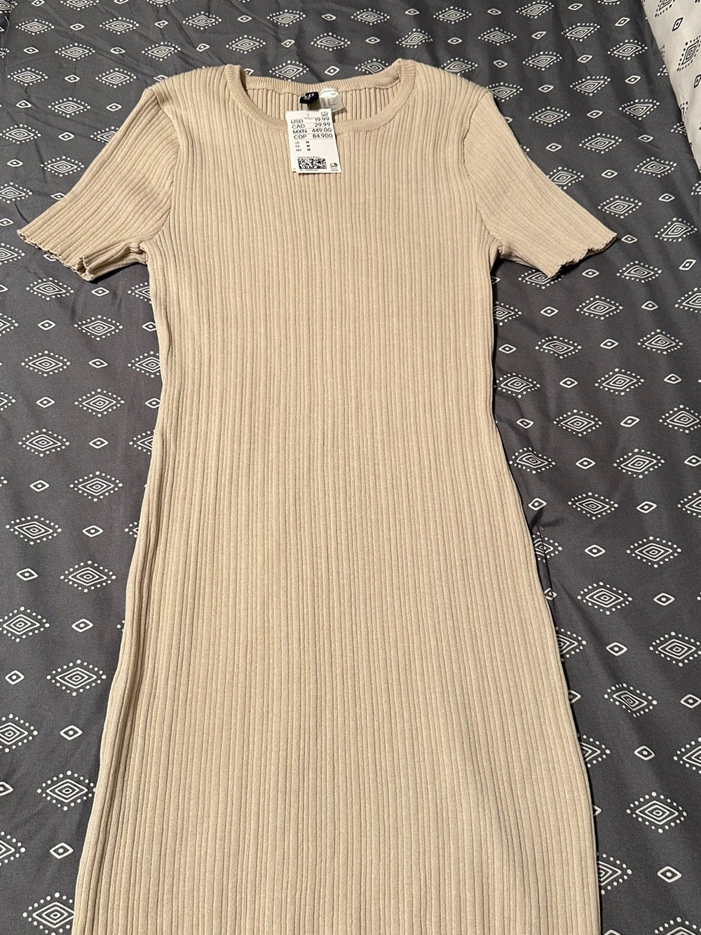 Divided Ribbed Midi Dress - Beige